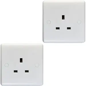 2 PACK 1 Gang Single 13A Unswitched UK Plug Socket - WHITE Wall Power Outlet