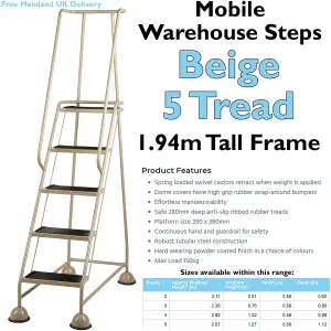 5 Tread Mobile Warehouse Steps BEIGE 1.94m Portable Safety Ladder & Wheels