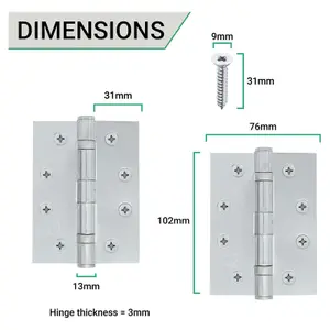 EAI - 4" Door Hinges & Screws G11 FD30/60  - 102x76x2.7mm Square - Polished Chrome