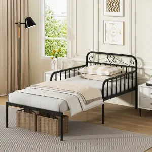 COSTWAY Extendable Daybed to Single Size Bed Metal Sofa Bed with Trundle