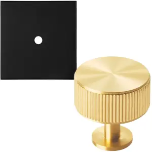 Cabinet Door Knob & Contrasting Backplate Set - Reeded Kitchen Pull - Satin Brass & Matt Black