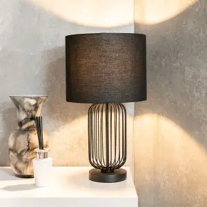 ValueLights Gabbia Pair of Black Wire Cage Metal Bedside Dimmer Touch Table Lamps with Fabric Drum Lampshade