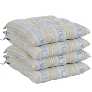 Set of 4 Blue Striped Outdoor Garden Chair Seat Pads