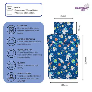 Bloomsbury Mill - Outer Space Kids Single Bed Duvet Cover and Pillowcase Set - Single - 135 x 200cm