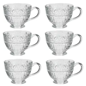 Set of 6 Vintage Style Embossed Footed Coffee Mug Clear Tea Cups