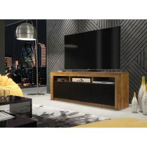 Modern TV Unit 160cm Oak with Matt Black Doors - Creative Furniture