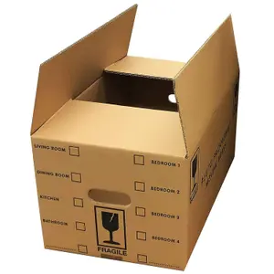 10 x Large Printed 18x12x10" House Moving Storage Boxes With Built In Carry Handles & Room List