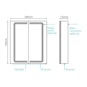 Sensio Harlow Wall-mounted Illuminated Mirrored Bathroom Cabinet with shaver socket (W)600mm (H)700mm