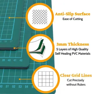 Self Healing Rectangular Green A3 Cutting Mat - Anti-Slip Blade-Resistant Core with Metric Grid Lines Universal Mat