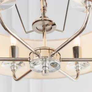 Anson Lighting Eureka 6lt Pendant light finished in Bright nickel plate and vintage white fabric