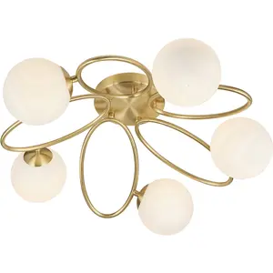 Semi Flush Multi Arm Ceiling 3 Light Fitting - Satin Brass & Opal Glass Shades