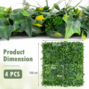 COSTWAY 4 Pcs Artificial Hedge Boxwood Panels w/ Diverse Leaves 50 x 50cm Grass Wall Panels