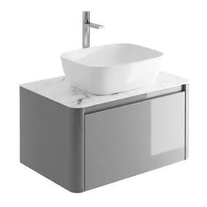 Mayfair Gloss Light Grey Wall Hung Bathroom Vanity Unit with White Marble Countertop (W)750mm (H)406mm