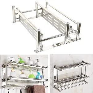 2 Tier Chrome Wall Mounted Stainless Steel Bathroom Shelf Towel Rail with Towel Bar Rod Hooks