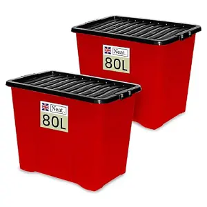 Neat. 80L Storage Boxes with Lids - Red Base & Black Clip Lid Ideal for Home Organisation- Pack of 2