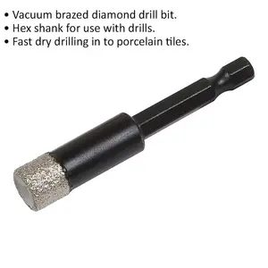 12mm Vacuum Brazed Diamond Drill Bit - Hex Shank - Suitable For Use With Drills