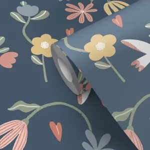 GoodHome Blitz Navy & Multicolour Flowers Textured Wallpaper