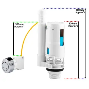 SPARES2GO Adjustable Dual Flush Toilet Valve Concealed Cistern with Push Button (1.5" / 2" Outlet, 300mm Cable)