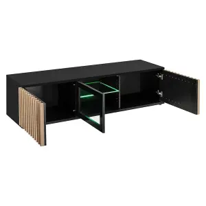 Cameron TV Cabinet W1600mm H420mm D450mm - Black & Jackson Hickory with Glass Door and LED Lighting