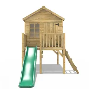 Rebo 5FT x 5FT Childrens Wooden Garden Playhouse on Deck + 6ft Slide - Pheasant Green