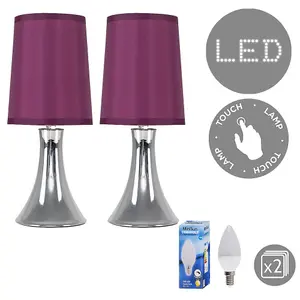 ValueLights Pair of - Small Chrome Touch Table Lamps with Purple Fabric Shades With 5w LED Dimmable Candle Bulbs In Warm White