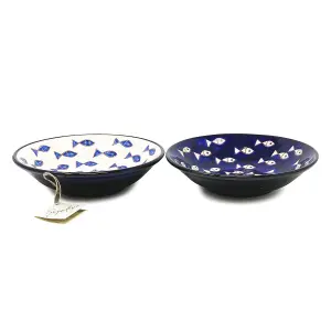 Signature Blue & White Fish Hand Painted Ceramic Set of 2 Mixed Pasta Bowls (Diam) 23cm