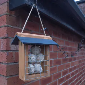 Wooden Suet Ball or Cake Bird Feeder with Slate Roof, Metal Cage & Hanging Cord - Outdoor Garden Wild Bird Feeding Station