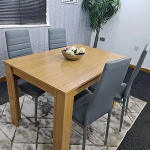 Dining Table and 4 Chairs Oak Effect Wood 4 Grey Leather Chairs Dining Room