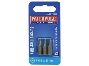 Faithfull  Security S2 Grade Steel Screwdriver Bits T15S x 25mm (Pack 3) FAISBT1525S