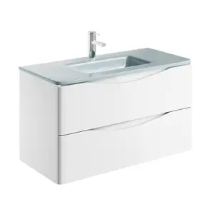 Eden 900mm Wall Hung Vanity Unit in Gloss White & White Glass Basin