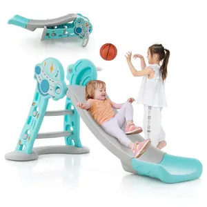 Costway 3-in-1 Folding Climber & Slide Set Basketball Hoop & Small Basketball Playset