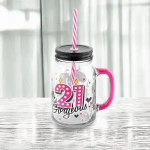 21st Birthday Mason Jar With Metal Lid Glass Handle and Pink/White Straw