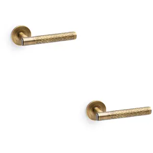 2 PACK - SOLID BRASS Hammered Door Handle Set - Italian Brass Straight Lever Round Rose