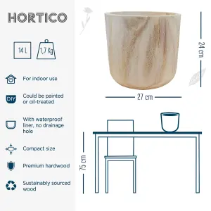 HORTICO™ Indoor Plant Pot, (Dia) 27cm CRAFT Round Wooden Planter for House Plants with Waterproof Liner D27 H24 cm, 9.1L