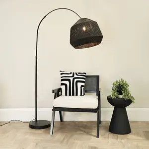 ValueLights Louis Black Arched Curved Floor Lamp with Black Paper Lamp Shade