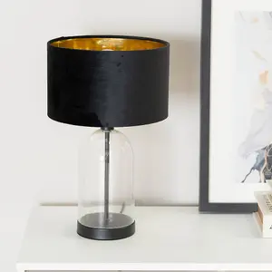 ValueLights Jessy Glass with Black Trim Table Lamp with Black Velvet with Gold Inner Lamp Shade