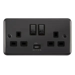 Curved Black Nickel 2 Gang 13A DP Ingot 1 USB Twin Double Switched Plug Socket - Black Trim - SE Home