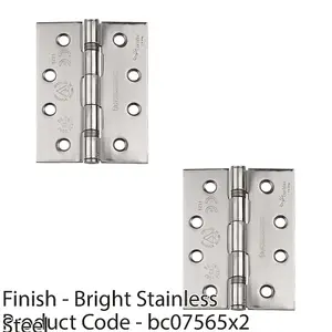 2 PACK - PAIR Grade 13 Heavy Duty Slim Knuckle Hinge - 107 x 77mm Bright Stainless Steel