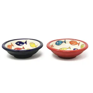 Signature Coloured Fish Hand Painted Ceramic Set of 2 Mixed Tapas Bowls (Diam) 12cm