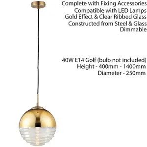 Hanging Ceiling Pendant Light GOLD & RIBBED GLASS Sphere Ball Lamp Bulb Holder