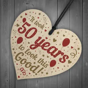 Red Ocean Funny 50th Birthday Gifts For Women Men Wooden Heart 50th Birthday Decoration Keepsake Friendship Gift