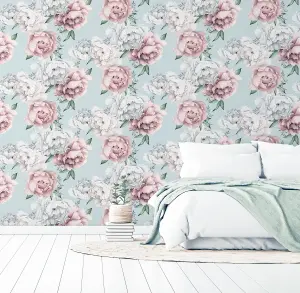 Arthouse Mixed Peonies Mint Wallpaper