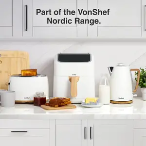 Vonshef Air Fryer 5l - Family Size, 10-in-1, Led Display, Healthy Oil-free Cooking, Nordic Design With Timer - Cream