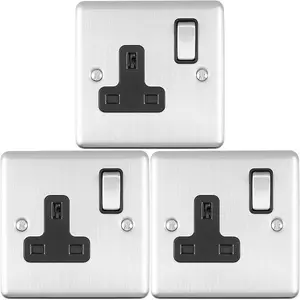 3 PACK 1 Gang Single UK Plug Socket SATIN STEEL 13A Switched Black Trim Plate