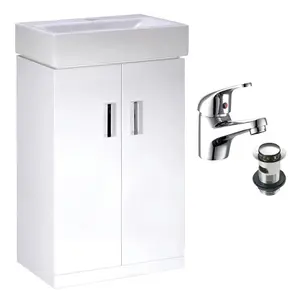 450mm Gloss White 2 Door Floorstanding Vanity Basin Sink Unit & Chrome Dom Single Lever Tap & Waste