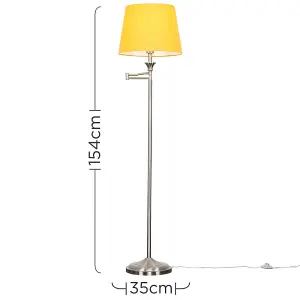 ValueLights Sinatra Adjustable Swing Arm Floor Lamp In Brushed Chrome Finish with Mustard Light Shade