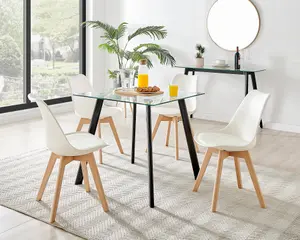 Furniturebox Seattle Scandi Inspired Glass and Black Leg Square Dining Table & 4 White Cushioned Stockholm Beech Wood Leg Chairs