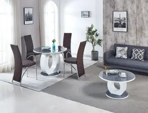 Modernique Giulia Round Grey 100 cm Tempered Glass Top White Dining Table with 4 Brown Faux Leather Dining Chairs