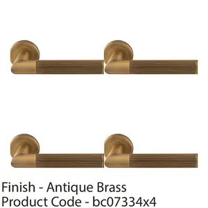 4 PACK - Premium Reeded Lined Door Handle Set - Antique Bass Designer Lever Round Rose