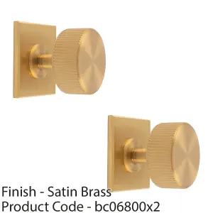 2 PACK - Reeded Radio Cabinet Door Knob & Matching Backplate Lined Satin Brass 40 x 40mm